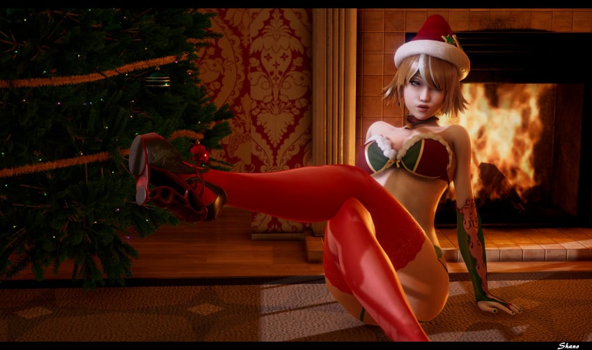 1girls ass big_breasts blue_eyes busty christmas christmas_outfit christmas_tree curvy fireplace garter ginger heels honey_select_2 lingerie pose santa_hat shanodeshano solo stockings studio_neo thick_ass thick_thighs two_tone_hair