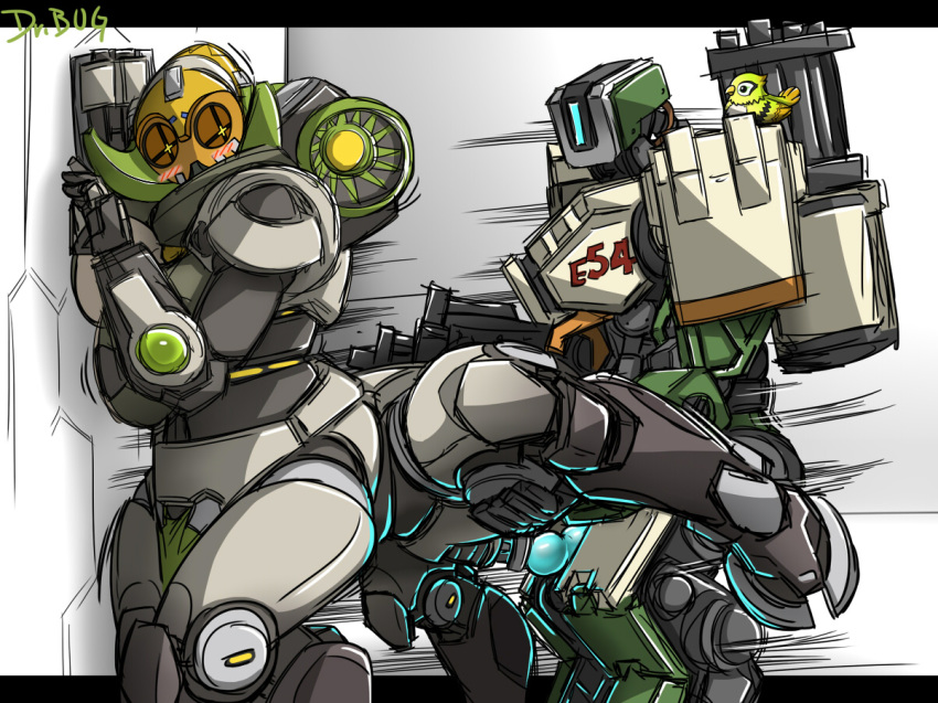 2d bastion_(overwatch) blizzard_entertainment blush breasts dr.bug duo female from_behind_position ganymede_(overwatch) horn living_machine looking_back machine male omnic orisa overwatch overwatch_2 penetration penis ranged_weapon robot sex straight weapon