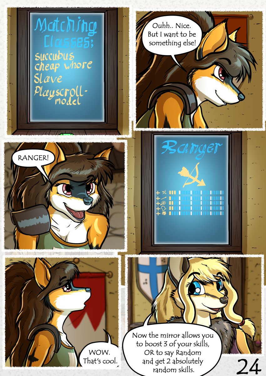 absurd_res anthro blonde_hair blue_eyes brown_hair canid canine canis comic domestic_dog english_text fantasy female fox fur german_spitz grace_o&#039;malley hair hi_res large_spitz long_hair madlaine_mckraven mammal medieval red_eyes spitz text the_quest_for_quests tqfq white_body white_fur yellow_body yellow_fur zaiksmckraven