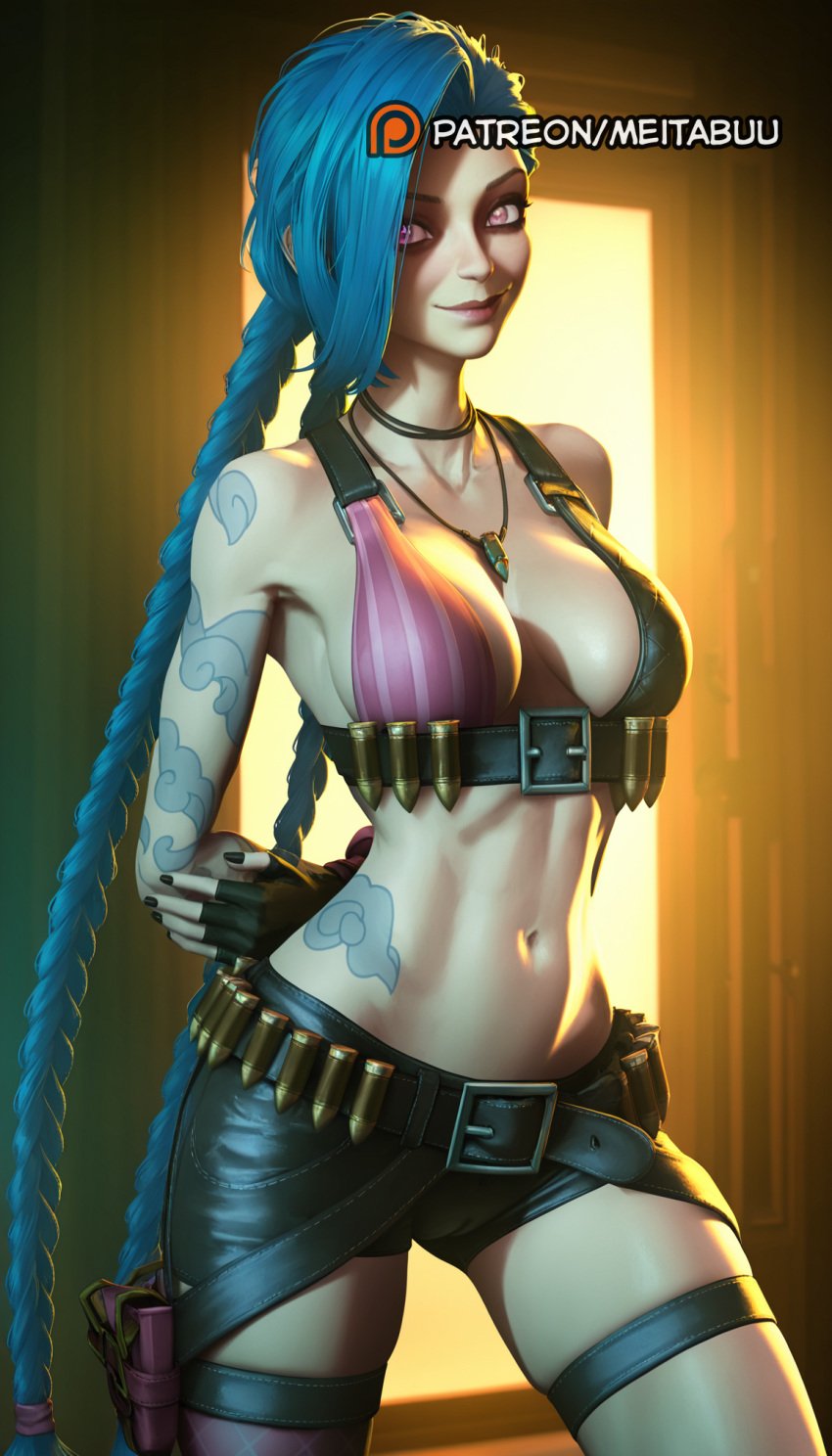 ai_generated arm_tattoo arms_behind_back asymmetrical_bangs bare_shoulders belt belt_buckle bikini bikini_top_only black_gloves black_nails blue_hair braid breasts bullet collarbone female fingerless_gloves gloves jewelry jinx_(league_of_legends) league_of_legends lips long_hair looking_at_viewer medium_breasts meitabuu midriff nail_polish navel necklace pendant pink_eyes pink_thighhighs short_shorts shorts single_thighhigh skindentation smile solo standing stomach swimsuit tattoo thigh_strap thighhighs twin_braids twintails very_long_hair