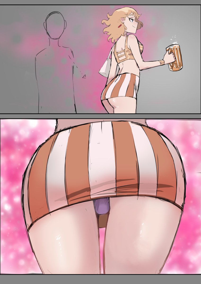 1boy 1boy1girl 1girls 2koma ass beer bella_(biku) big_ass biku blonde_female blue_eyes earrings grey_background handbag looking_at_ass looking_at_panties original pink_aura pink_panties red_earrings skirt striped_skirt thighs unseen_male_face upskirt yellow_topwear