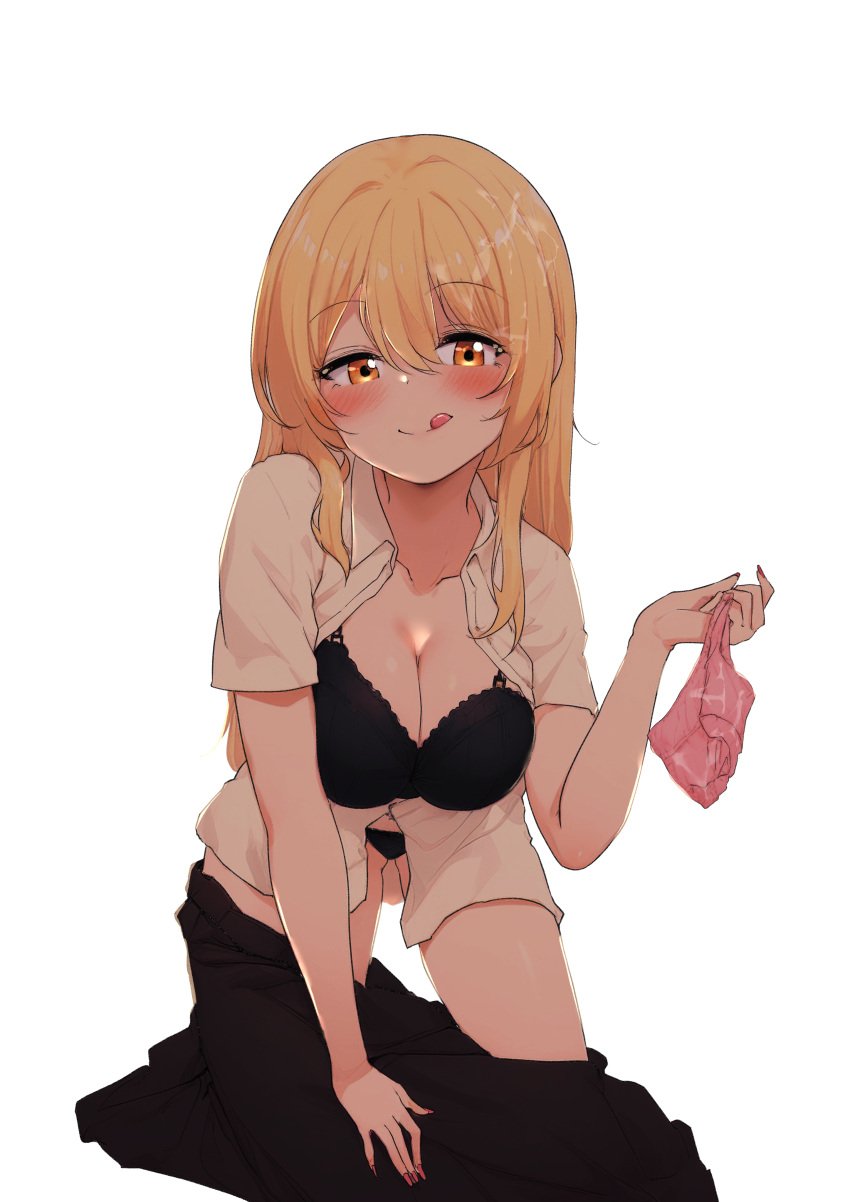 absurdres arm_support black_bra black_panties black_skirt blonde_hair blush bra breasts cleavage closed_mouth clothes_pull collarbone collared_shirt commentary_request cum cum_on_clothes cum_on_hair double-parted_bangs female full_body hair_between_eyes hair_over_shoulder half-closed_eyes highres holding holding_unworn_clothes kneeling large_breasts leaning_forward licking_lips long_bangs long_hair long_sidelocks looking_at_viewer marukana_seimen navel_peek open_clothes open_shirt orange_eyes original panties pink_panties red_nails seductive_smile shirt short_sleeves sidelocks skirt skirt_pull smile solo split_mouth straight_hair tongue tongue_out unbuttoned underwear unworn_panties very_long_hair white_shirt