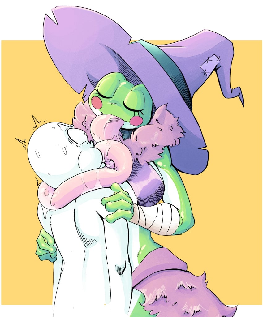 1boy1girl anonymous_male breasts clothed_female colored colored_background deep_kiss deep_kissing extreme_french_kiss eyelashes female frog frog_girl frog_tongue fully_clothed giant_hat green_body green_skin grefina_(noirchaton4) hourglass_figured_female hyper_tongue kissing licking loincloth long_tongue male male/female mammal noirchaton4 non-mammal_breasts oc original original_character red_cheekdots red_cheeks size_difference sloppy_kiss tall_female tree_frog webbed_hands white_body witch witch_hat yellow_background