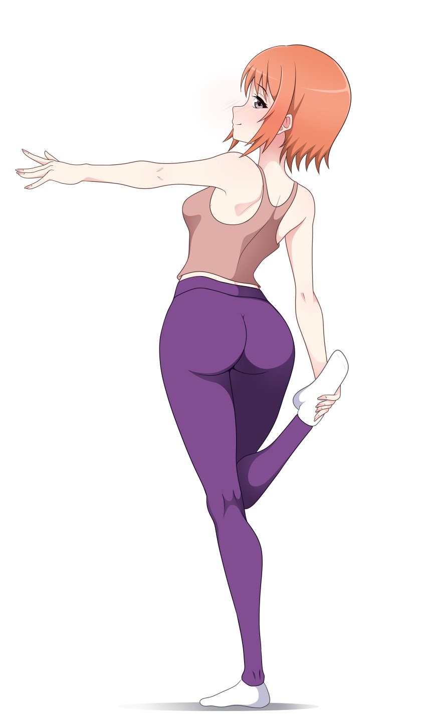 1girls ass big_ass blush eiyuu_densetsu female holding_foot looking_back noel_seeker pink_tank_top purple_yoga_pants raised_leg red_hair roswell-ss smile socks solo stretching tank_top the_legend_of_heroes white_socks yoga_pants