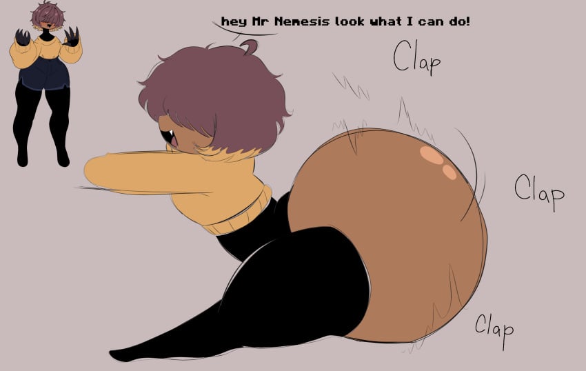 action_lines arched_back ass_bigger_than_head bubble_ass bubble_butt dark_skin female/male huge_ass huge_butt knocksoda male/female shaking_ass shaking_butt suggestive suggestive_pose text text_bubble thigh_highs