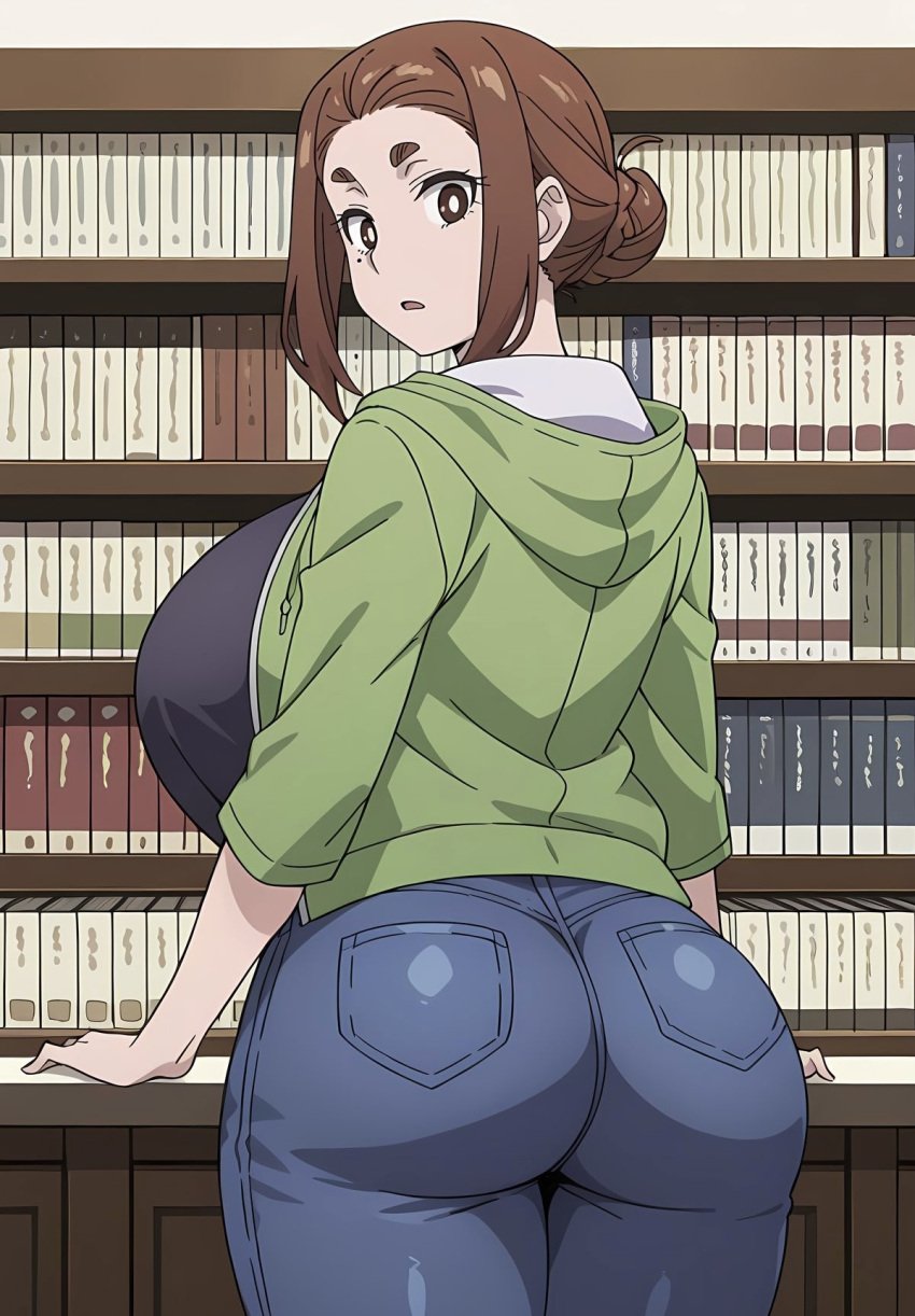 1girls ai_generated ayyaai back_view beauty_mark black_shirt book bookshelf breasts brown_eyes brown_hair busty fat_ass female fully_clothed huge_ass huge_breasts jeans kaii_to_otome_to_kamikakushi large_breasts looking_at_viewer looking_back mature_female ogawa_sumireko solo solo_female solo_focus sumireko_ogawa surprised surprised_expression tits_bigger_than_head voluptuous voluptuous_female