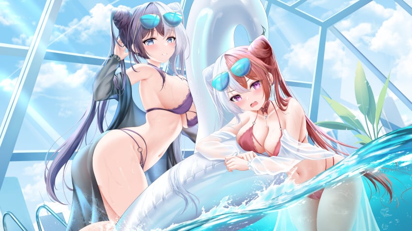 2girls armpits ass azur_lane bare_shoulders bikini black_hair blue_eyes blue_sky blush breasts chao_ho_(azur_lane) choker cleavage cloud cone_hair_bun day double_bun eyewear_on_head hair_bun hair_cones halterneck hand_on_eyewear heart heart-shaped_eyewear indoors innertube jewelry large_breasts long_hair long_sleeves looking_at_viewer medium_breasts multicolored_hair multiple_girls navel o-ring o-ring_bikini off_shoulder official_alternate_costume open_clothes open_mouth parted_lips partially_underwater_shot pool purple_bikini purple_eyes purple_hair red_bikini red_hair see-through shirt side_bun sideboob sky smile split-color_hair standing stomach strap_gap streaked_hair string_bikini sunglasses sunlight swim_ring swimsuit thighs tinted_eyewear twintails two-tone_hair underwater very_long_hair wading water wet white_hair ying_swei_(azur_lane) ying_swei_(blue_waves_limpid_summer)_(azur_lane)
