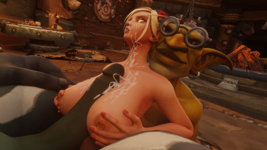 1girls 2boys 3d ambiguous_penetration big_breasts big_penis blizzard_entertainment blonde_hair blood_elf cum cum_on_breasts cum_on_face facial female goblin goblin_(warcraft) green_skin interspecies kneeling light-skinned_female light_skin male morilymory nipple_piercing nipple_rings nude orc orc_(warcraft) original_character paizuri sarisia_sunfeast sex thick_thighs thighhighs voluptuous voluptuous_female warcraft wide_hips world_of_warcraft