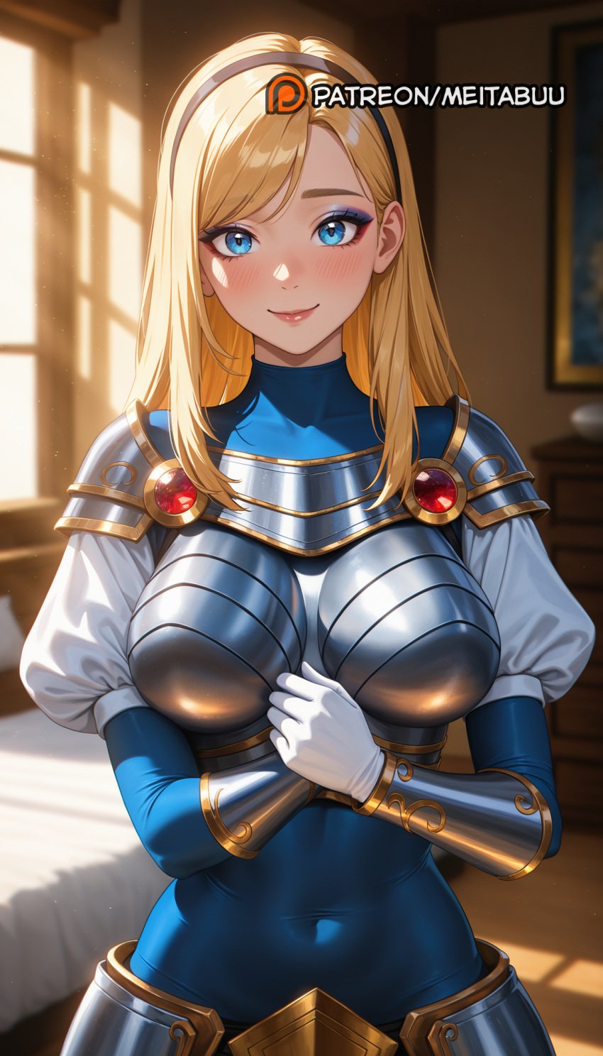 ai_generated armor bed bedroom black_hairband blonde_hair blue_eyes blue_eyeshadow blush bodysuit boobplate breastplate breasts closed_mouth covered_collarbone covered_navel eyeshadow female gloves hairband indoors large_breasts league_of_legends league_of_legends:_wild_rift long_hair long_sleeves looking_at_viewer lux lux_(league_of_legends) lux_legue_of_legends luxanna_crownguard makeup meitabuu own_hands_together pink_lips puffy_sleeves riot_games shoulder_armor skin_tight smile solo vambraces white_gloves window