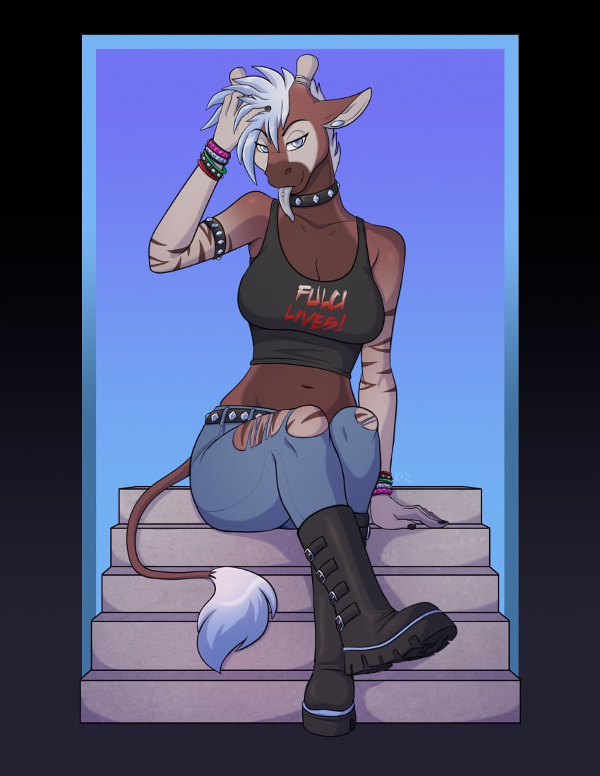 1futa 1girls anthro bracelet chocker female furry futanari giraffe giraffid horns izzy_(kadath) jeans kadath kadath_universe piercing solo_female solo_futa tagmme tail tank_top tongue_piercing