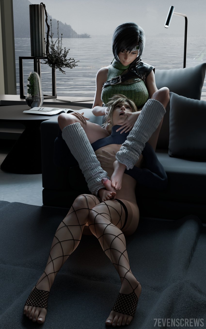 1boy 1girls 3d 7evenscrews cloud_strife couch erection feet female femdom feminine_male final_fantasy footjob male partially_clothed self_upload stockings tagme yuffie_kisaragi