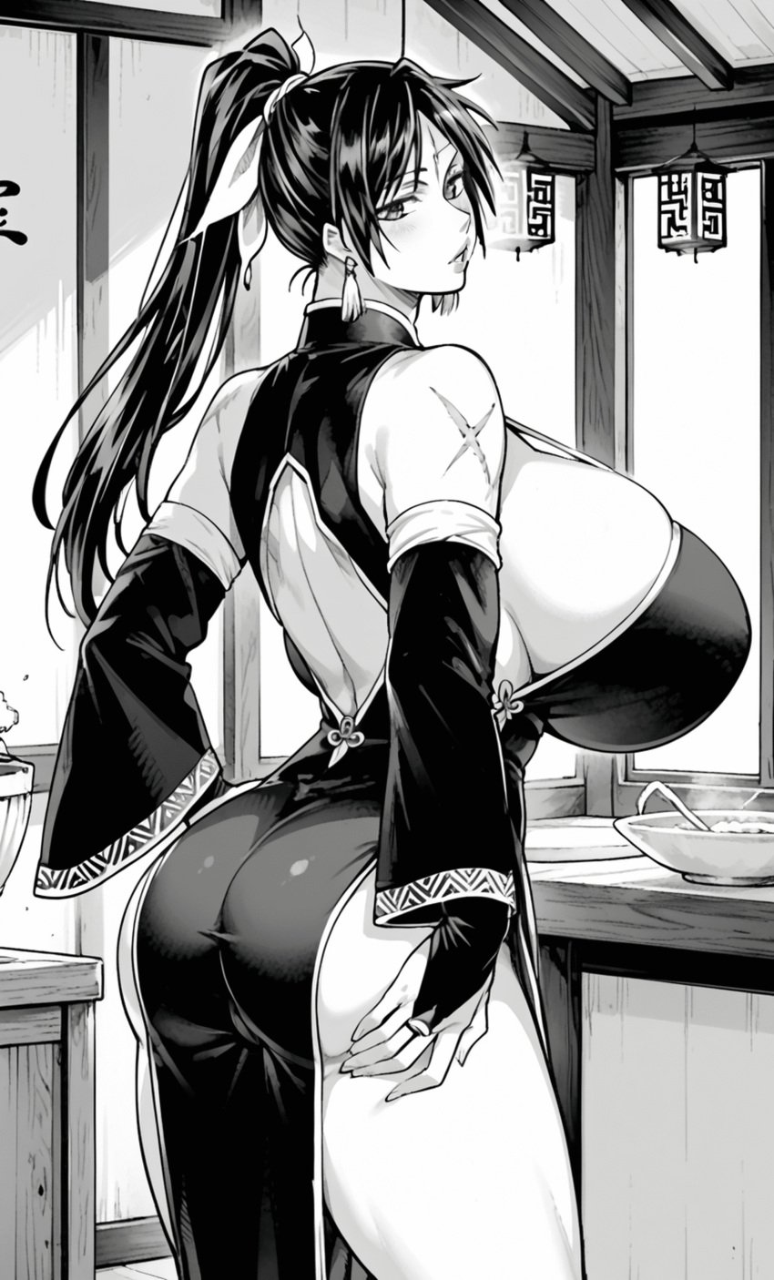 china_dress chun_yan_(shuumatsu_no_valkyrie) grayscale mature_female monochrome record_of_ragnarok shuumatsu_no_valkyrie