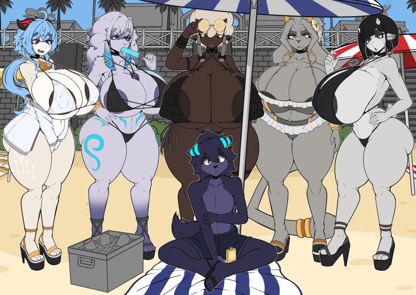 1boy5girls 2020s 2025 2d 2d_(artwork) abs anthro anthro_only areola areolae ass barely_clothed beach beige_fur big_ass big_breasts big_butt big_thighs bikini black_fur blue_hair bottom_heavy breasts child_bearing_hips cleavage clothing cooler curvy_body curvy_female curvy_figure dolly_(jiqqy) earrings ewe eyebrows eyelashes female female_focus furry furry_female furry_male furry_only ganyu_(genshin_impact) genshin_impact goat goth_(booruguru) hi_res high_heels highres hips hourglass_figure huge_breasts ice_cream imminent_sex kindred lamb_(league_of_legends) large_breasts larger_female league_of_legends mammal midriff navel nintendo nipple_bulge nipples pinup piper_perri_surrounded pokemon pokemon_(species) practically_nude pseudoregalia purple_fur sheep sheep_girl slim_waist smaller_male straight sunglasses sybil_(pseudoregalia) thick_thighs thighs toned_stomach top_heavy wide_hips wolf wooloo zak_(zak_hitsuji) zak_hitsuji