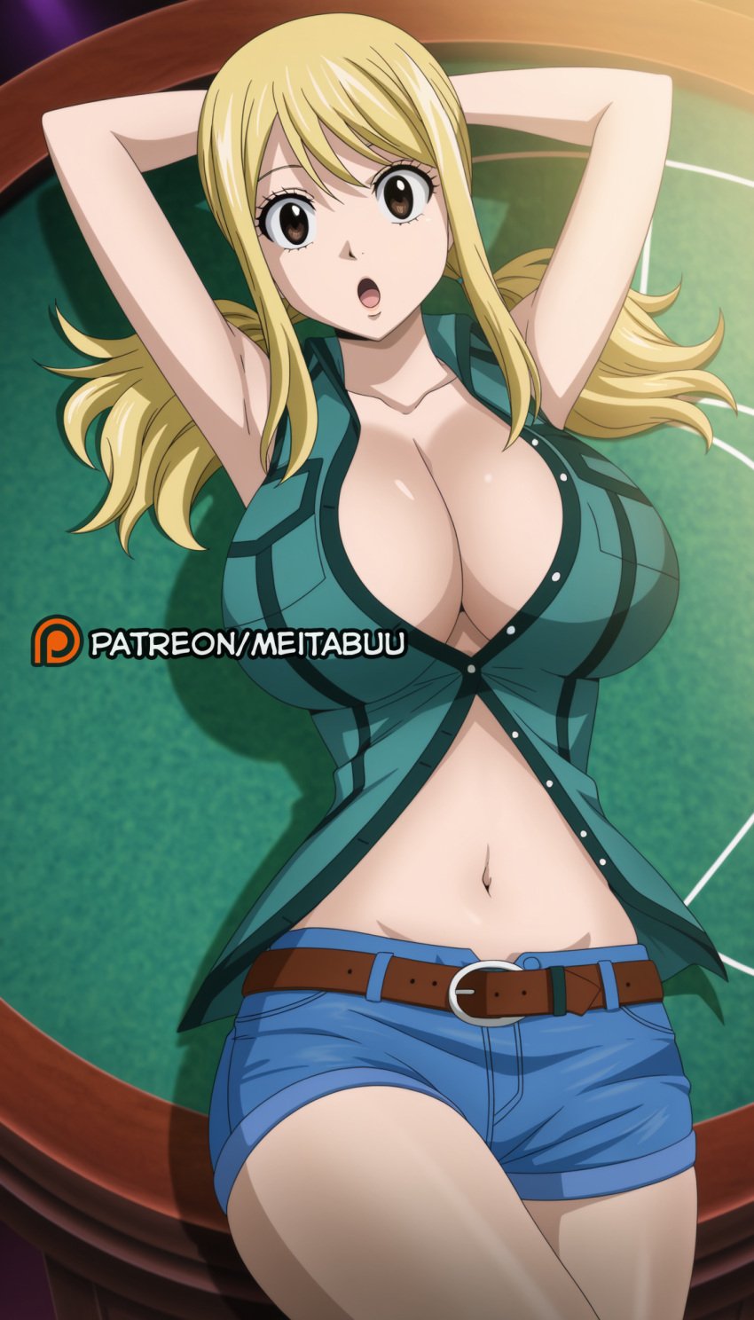 :o ai_generated armpits arms_behind_head arms_up bare_shoulders belt belt_buckle blonde_hair blue_shorts breasts brown_belt brown_eyes buckle cleavage collarbone collared_shirt cowboy_shot denim denim_shorts fairy_tail female green_shirt hair_between_eyes large_breasts long_hair looking_at_viewer low_twintails lucy_heartfilia lying meitabuu midriff navel on_back open_mouth partially_unbuttoned shirt short_shorts shorts sidelocks sleeveless sleeveless_shirt solo stomach table thighs twintails unbuttoned