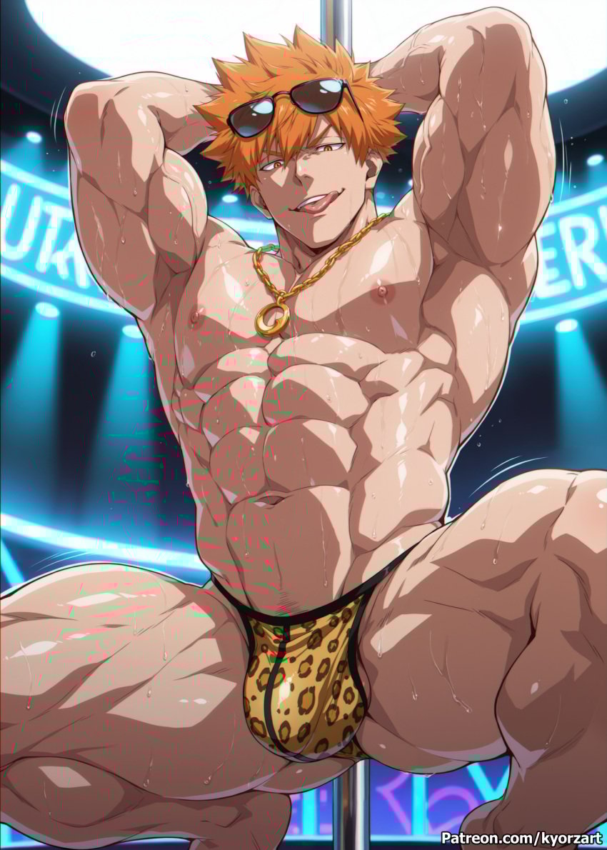 abs armpits biceps blue_lock kunigami_rensuke kyorzart male male_only muscles muscular muscular_arms muscular_legs muscular_male muscular_thighs nipples orange_eyes orange_hair pecs smile stripper_pole sweat sweat_body underpants
