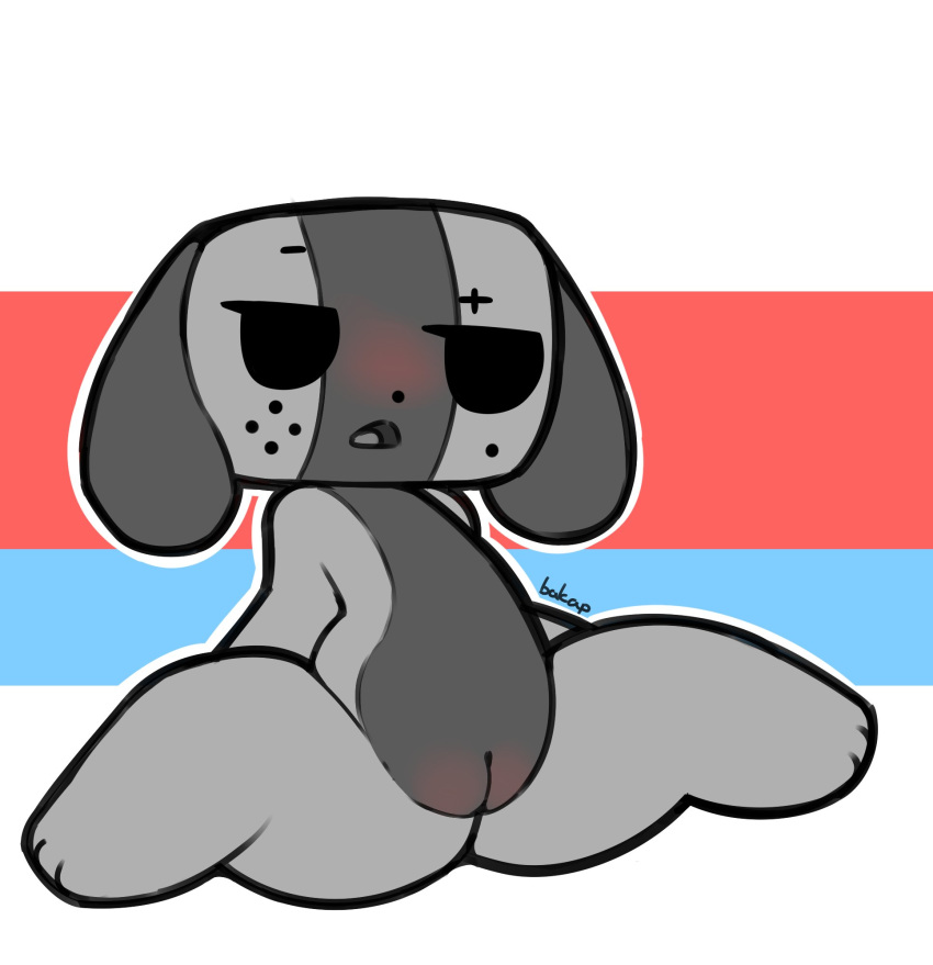 2017 animate_inanimate anthro bakap black_eyes black_nose blush canine female flat_chested grey_body hi_res mammal nintendo nude open_mouth pussy simple_background sitting solo switch_dog toony video_games young