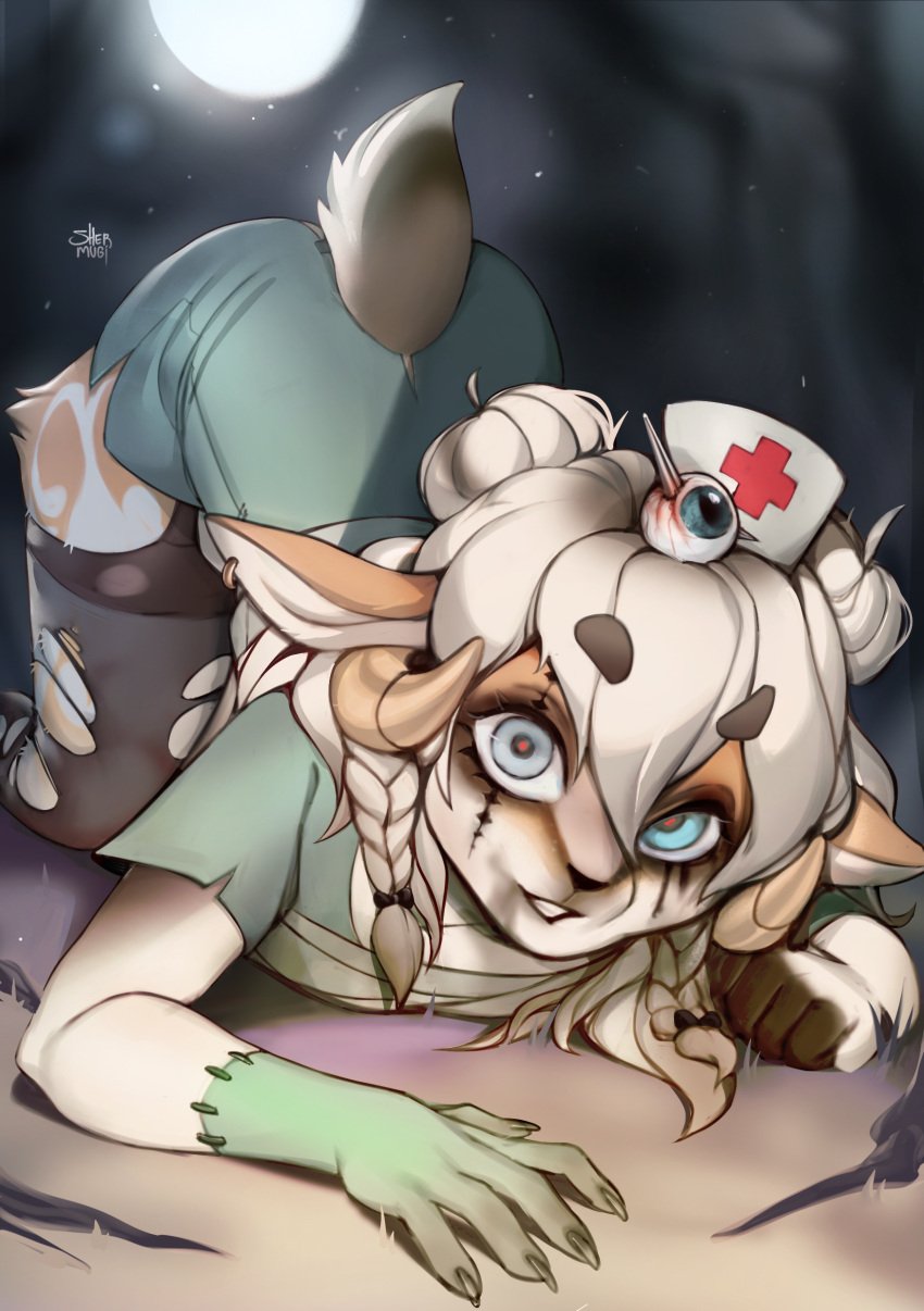 absurd_res anthro blue_eyes blurred_background braided_hair clothed clothing deer eyeball female fur gore hair hi_res looking_at_viewer mammal nurse_clothing nurse_uniform orange_body orange_fur patchwork_creature shermugi solo uniform white_body white_fur white_hair