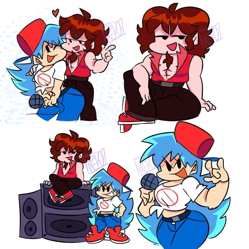 backwards_baseball_cap belt big_breasts black_jeans black_pants blue_hair blue_jeans boyfriend-girlfriend boyfriend_(friday_night_funkin) brown_hair chest_hair chin_beard female_boyfriend_(friday_night_funkin) friday_night_funkin genderswap girlfriend_(friday_night_funkin) hip_bump long_hair male_girlfriend_(friday_night_funkin) microphone pixelzsinful red_cap red_sneakers red_vest rule_63 shirtless_male sitting_on_speaker speakers thick_thighs toned_body white_crop_top wide_hips wink