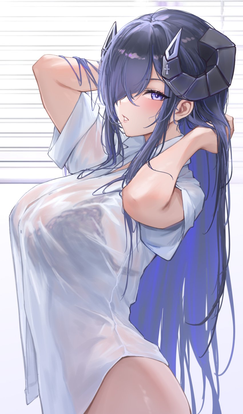 arms_up august_von_parseval_(azur_lane) august_von_parseval_(the_unhulde&#039;s_midday_respite)_(azur_lane) azur_lane black_bra blue_eyes blue_hair blush bra bra_visible_through_clothes breasts collared_shirt curled_horns e.c.ho female from_side hair_over_one_eye hands_in_hair headgear horns huge_breasts large_breasts long_hair looking_at_viewer mechanical_horns one_eye_covered parted_lips purple_eyes purple_hair see-through see-through_shirt see-through_silhouette shirt short_sleeves solo sweat underwear very_long_hair wet wet_clothes wet_shirt white_shirt window_blinds
