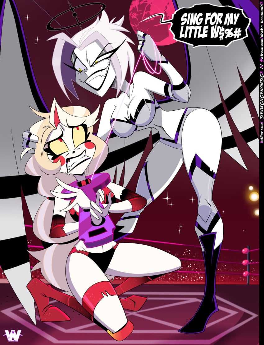 2girls angel angel_girl angel_wings aureola bare_arms bare_legs bare_shoulders bare_thighs big_breasts blonde_hair chained chains charlie_morningstar_(hazbin_hotel) clothed clothing color demon demon_girl english_text female female_focus female_only fighting great_dude hazbin_hotel hi_res large_breasts light-skinned_female light_skin long_hair lute_(hazbin_hotel) red_eyes short_hair tagme text text_bubble thick_thighs vivienne_medrano white_hair wrestler wrestling wrestling_outfit wrestling_ring
