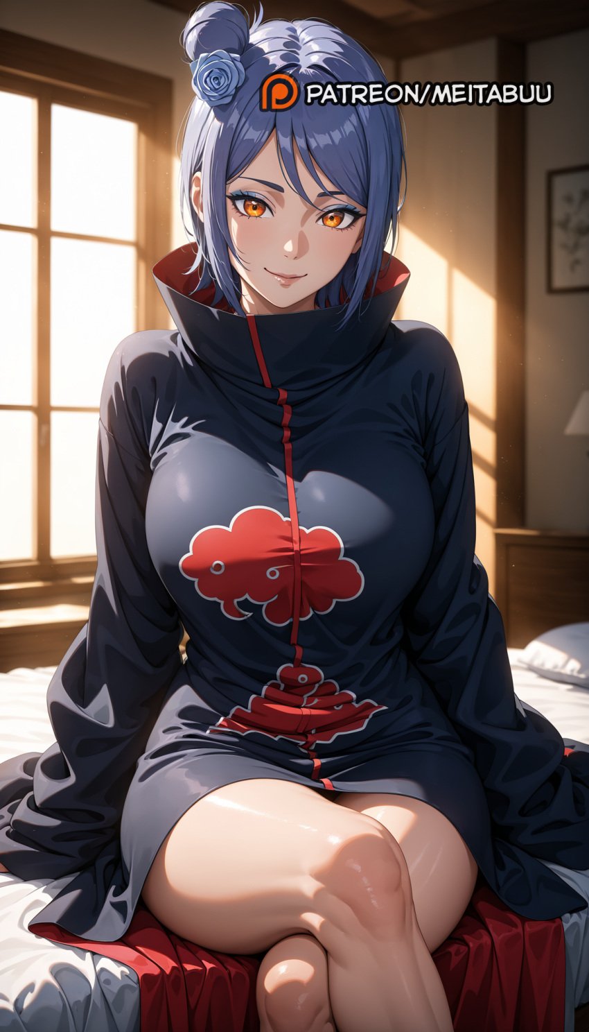 ai_generated bed black_jacket blue_flower blue_hair blue_rose breasts closed_mouth crossed_legs eyeshadow feet_out_of_frame female flower hair_bun hair_flower hair_ornament high_collar indoors jacket konan large_breasts lips long_sleeves looking_at_viewer makeup meitabuu naruto naruto_(series) naruto_shippuden on_bed orange_eyes pillow rose short_hair single_hair_bun single_side_bun sitting sleeves_past_fingers sleeves_past_wrists smile solo sunlight thighs window