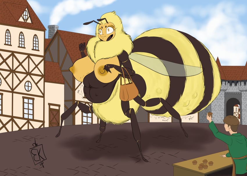 absurd_res antennae_(anatomy) anthro arthropod baghikat bee belly big_belly big_breasts breasts clothing detailed_background digestion digestion_noises duo female fur hi_res huge_breasts human hymenopteran insects male mammal medieval mythological_creature mythology nipples overweight overweight_female overweight_taur taur thorax vore wings yellow_body