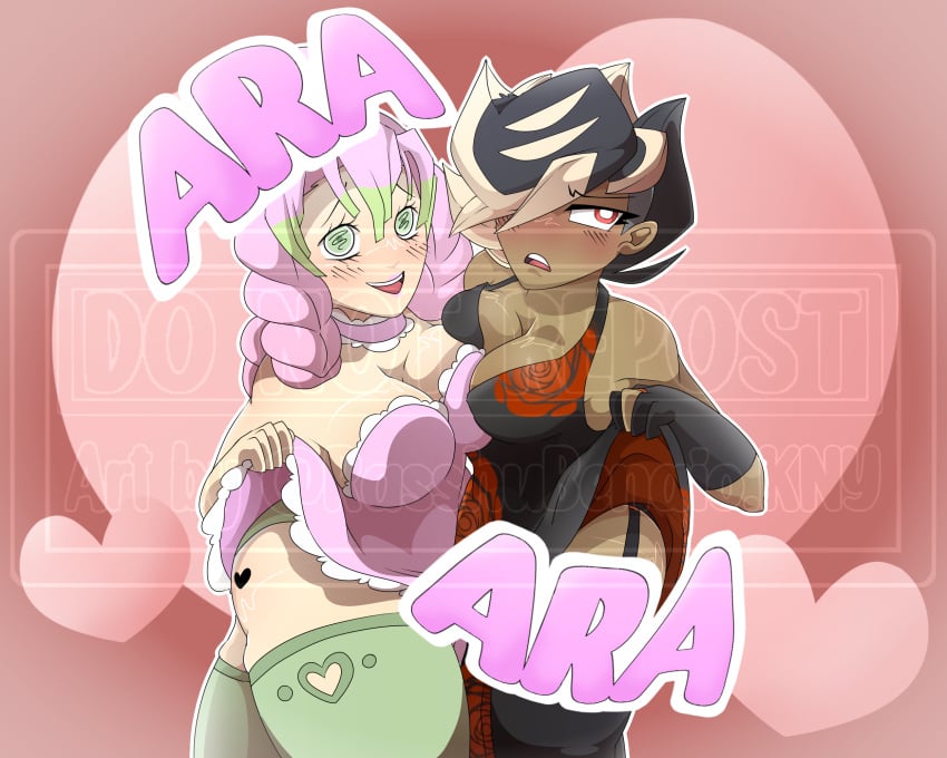 2girls ara_ara artist_self-insert black_hair blush breast breasts dark-skinned_female demon_slayer dress dress_lift dress_pull duo flashing green_hair heart kanroji_mitsuri kimetsu_no_yaiba lash_benaio_(artist) light-skinned_female looking_away maid_uniform mitsuri_kanroji oc original_character panties pink_hair rasshu_benaio self_insert slightly_chubby slightly_chubby_female stockings tagme