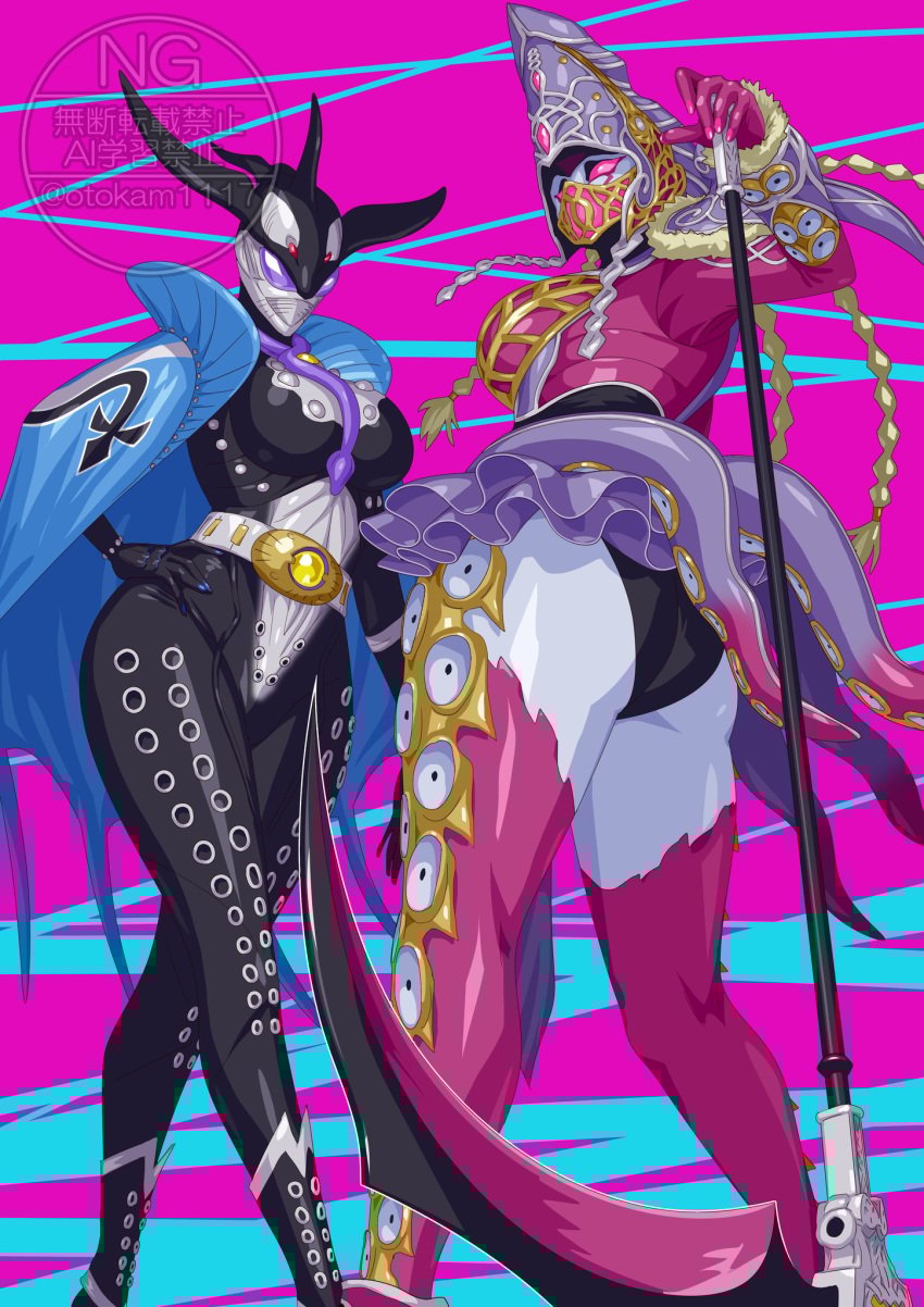 2d 2d_(artwork) 2girls aquaphilia aquatic ass ass_focus back_view big_ass big_breasts black_body glotta_stomach kaiju_girl kamen_rider kamen_rider_gavv_(series) kamen_rider_ooo_(series) looking_at_viewer magenta_body masked mezool mommy monster_girl muscular muscular_legs older_female orca orca_girl otokam1117 pink_eyes purple_eyes squid squid_girl tentacle tentacles thick_ass thick_thighs watermark