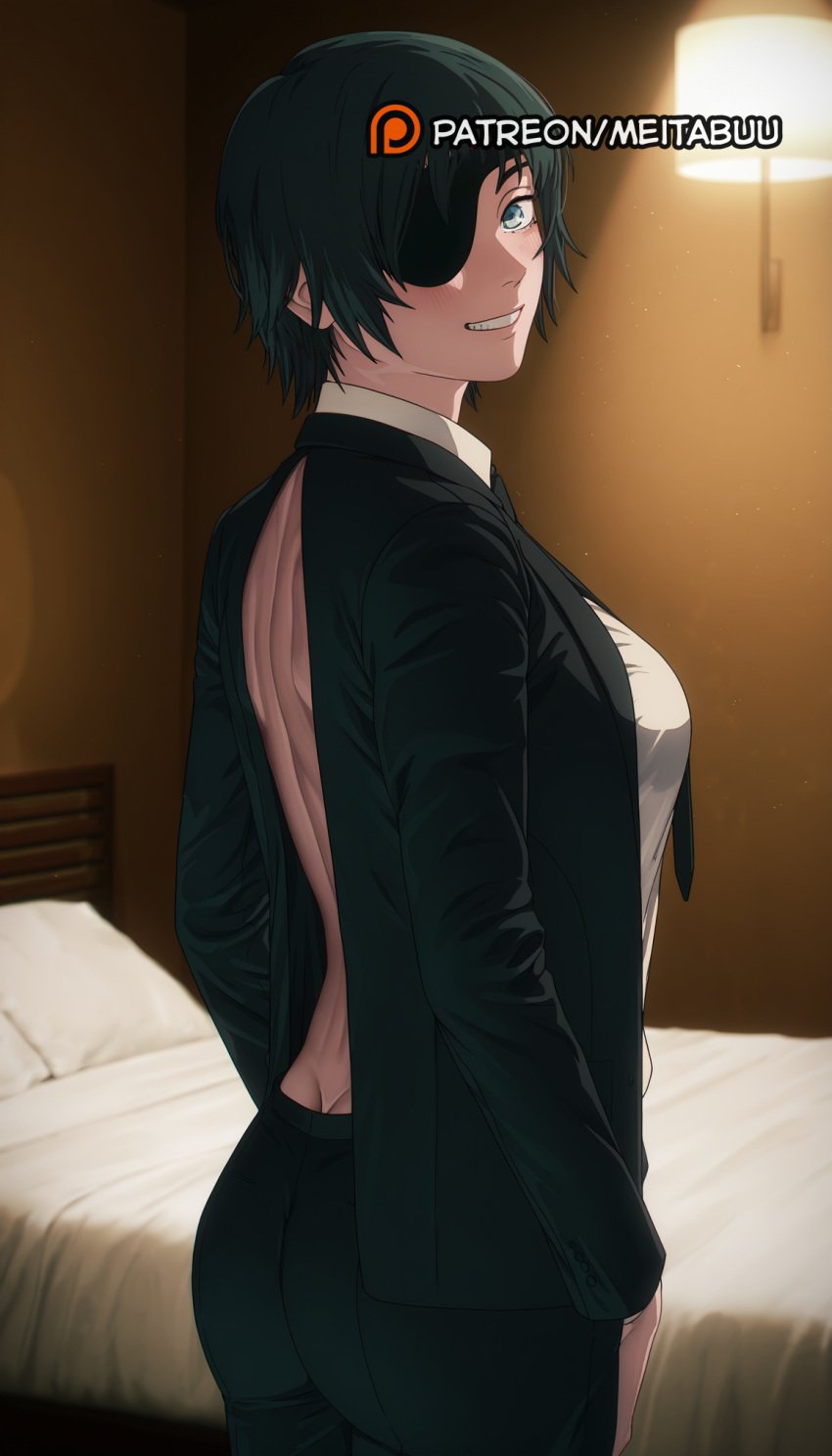 ass back backless_outfit bare_back bed bedroom black_hair black_jacket black_necktie black_pants black_suit blue_eyes blush breasts butt_crack chainsaw_man collared_shirt cowboy_shot eyepatch female formal grin himeno_(chainsaw_man) indoors jacket lamp large_breasts long_sleeves looking_at_viewer looking_back median_furrowhimeno_(chainsaw_man) medium_breasts meitabuu necktie on_bed open_clothes open_jacket pants pillow shirt short_hair smile solo standing suit suit_jacket white_shirt