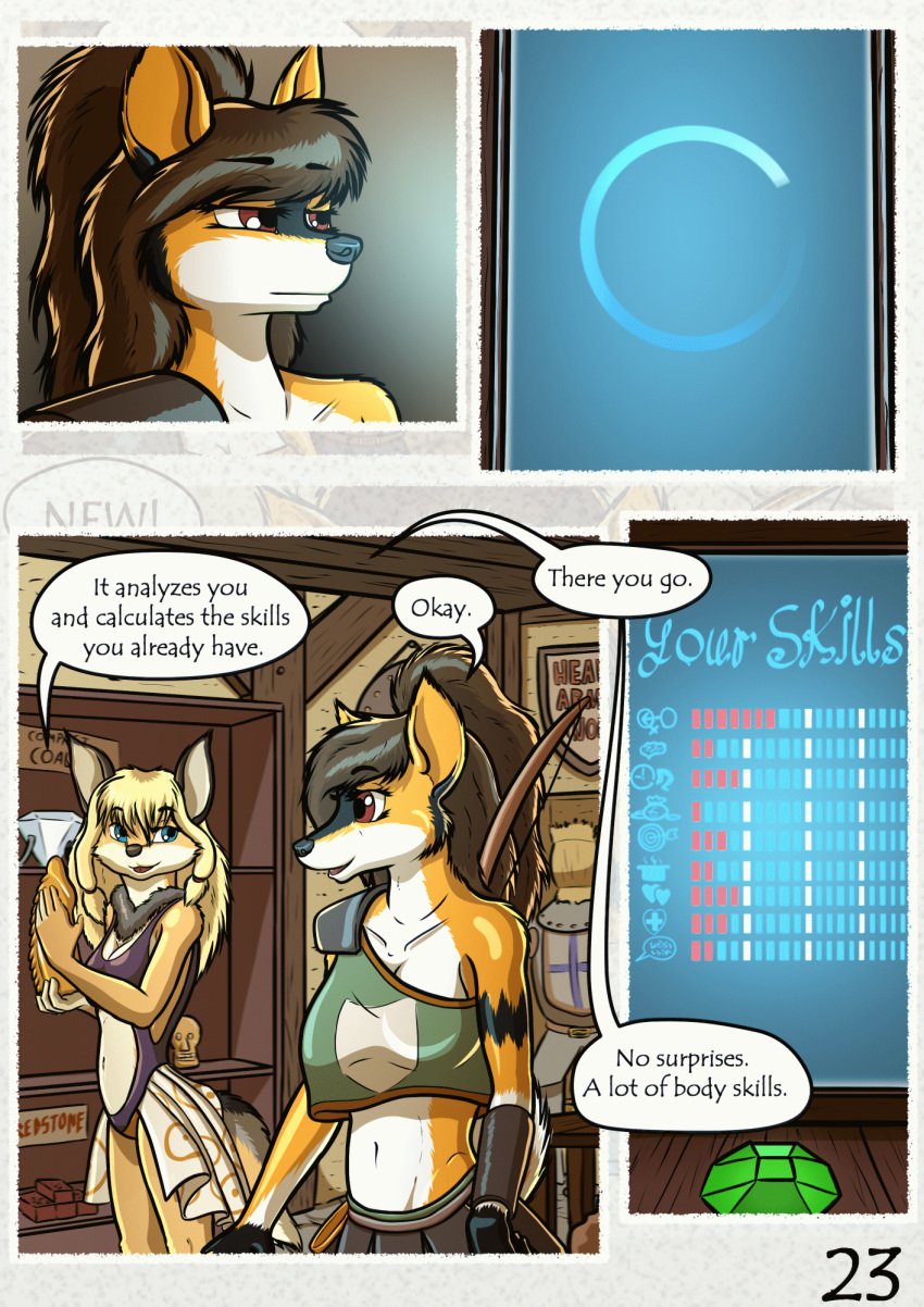 animated animated_comic anthro blonde_hair blue_eyes brown_hair canid canine canis comic domestic_dog fantasy female fox fur german_spitz grace_o&#039;malley hair hi_res large_spitz long_hair madlaine_mckraven mammal medieval red_eyes short_playtime spitz the_quest_for_quests tqfq white_body white_fur yellow_body yellow_fur zaiksmckraven