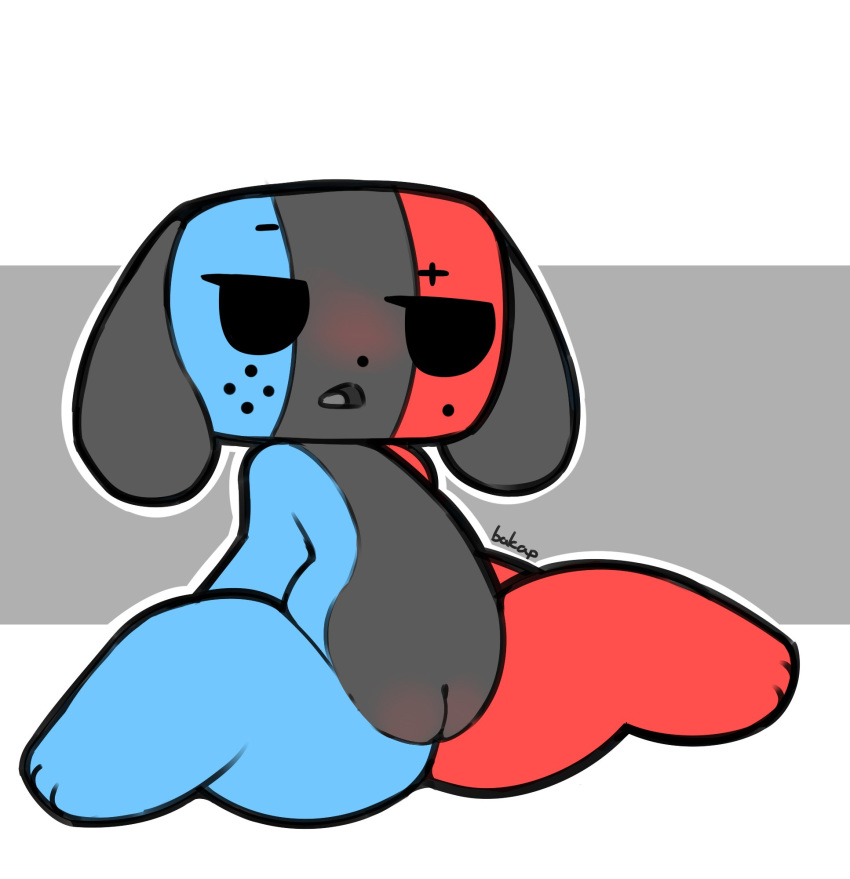 2017 animate_inanimate anthro bakap black_eyes black_nose blue_body blush canine female flat_chested grey_body hi_res mammal nintendo nude open_mouth pussy red_body simple_background sitting solo switch_dog toony video_games young