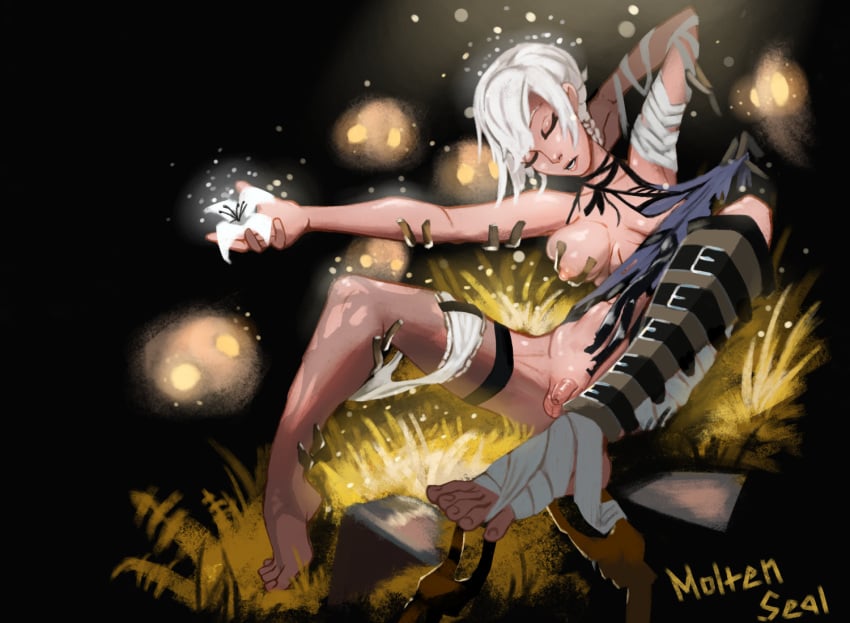 1girls android arms_behind_back bandage bare_shoulders barefoot dress_lift dress_pull feet feet_up female female_only flaccid foot_worship foreskin futanari grass groping_breasts inspection intersex kaine_(nier) moltenseal_(artist) nier:_automata penis ripped_clothing ripped_pantyhose robot shaved_crotch short_hair small_breasts small_penis stripped sunlight toes_spread uncircumcised unconscious video_games white_body white_hair
