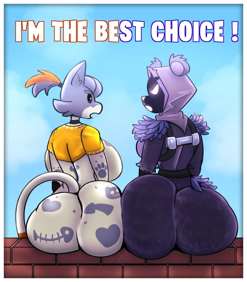 2girls anthro ass bear bubble_butt cate_meowdy cate_meowdy_(fortnite) english_text felid feline felis female fortnite fortnite:_battle_royale lewdabis mammal raven_team_leader raven_team_leader_(fortnite) thick_ass thick_thighs twitter_username