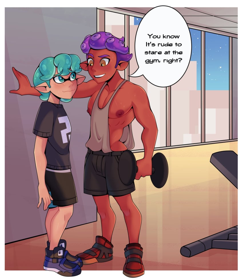 blush english_text fully_clothed gay gym height_difference inkling inkling_boy kabedon looking_at_another male male_only muscles nipples no_visible_genitalia oc pecs revealing_clothes shoes sideboob skimpy splatoon tank_top yuunsfw