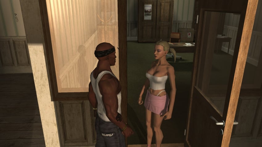 3d blonde_hair breasts breasts breasts carol_anne dark-skinned_male gangster hitman hitman_blood_money io-interactive miniskirt pink_skirt talking video_games white_skin white_topwear