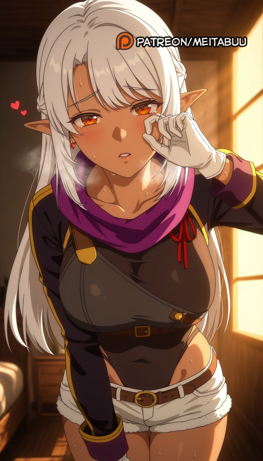 a_rank_party_o_ridatsu_shita_ore_wa_moto_oshiego-tachi_to_meikyuu_shinbu_o_mezasu ai_generated belt black_leotard blush breasts collarbone covered_navel cowboy_shot dark-skinned_female dark_elf dark_skin earrings elf female gloves heart highleg highleg_leotard i_left_my_a-rank_party_to_help_my_former_students_reach_the_dungeon_depths indoors jewelry large_breasts leotard leotard_under_clothes long_hair long_sleeves looking_at_viewer meitabuu orange_eyes parted_lips pointy_ears purple_scarfsilk_amberwood scarf short_shorts shorts sidelocks solo sweat white_gloves white_hair white_shorts window