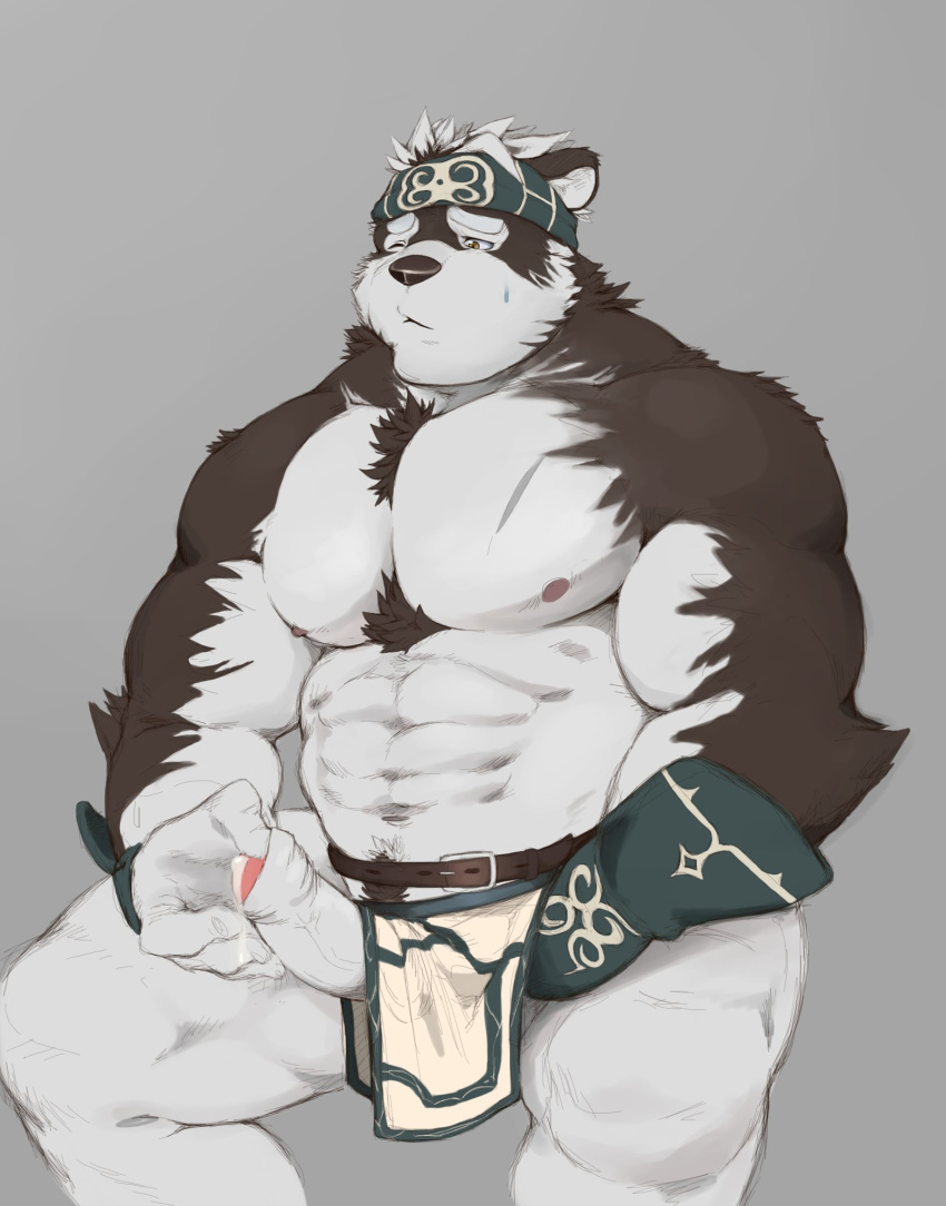 2017 anthro belt black_fur black_nose canine chest_tuft clothed clothing cum erection foreskin_play fur grey_background headband hi_res horkeukamui humanoid_penis kemono loincloth looking_pleasured male male_only mammal masturbation multicolored_fur musclegut muscular navel nipples one_eye_closed partially_retracted_foreskin pecs penile_masturbation penis precum simple_background sitting solo thedragonred12 tokyo_afterschool_summoners topless tuft uncut vambrace vein white_fur wolf