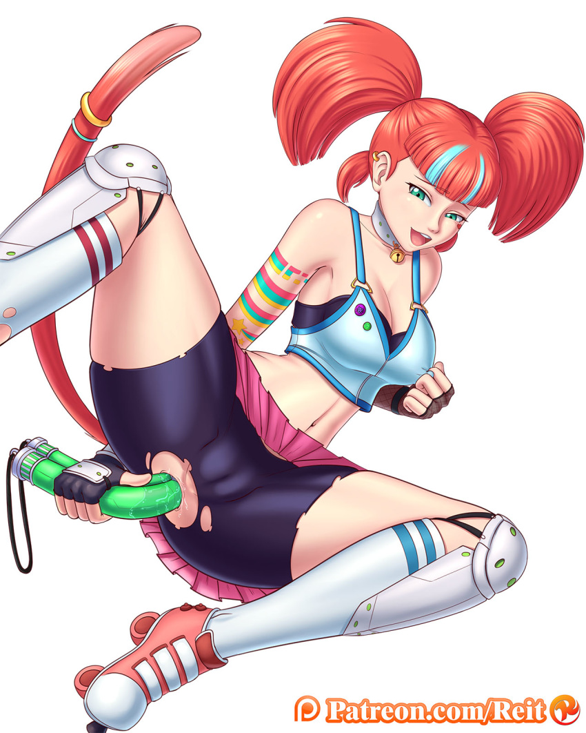 1girls abs anal anal_access anal_only bell between_labia bike_shorts cameltoe cleavage collar cyan_hair dildo female green_eyes innie_pussy multicolored_hair neon_katt nipple_tweak orange_hair piercing pokies reit rwby skirt solo tail text twintails url watermark wince