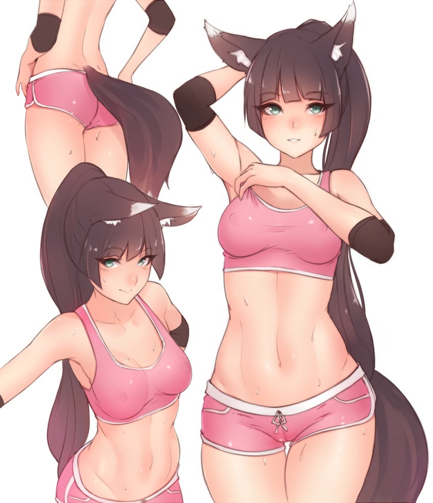 1girls animal_ears ass bare_midriff bluefield bra breasts brown_hair character_request cleavage drawstring_bottomwear elbow_pads eyebrows_visible_through_hair female female_only fox_ears looking_at_viewer multiple_views navel pink_bra pink_shorts short_shorts shorts sports_bra sweat tail