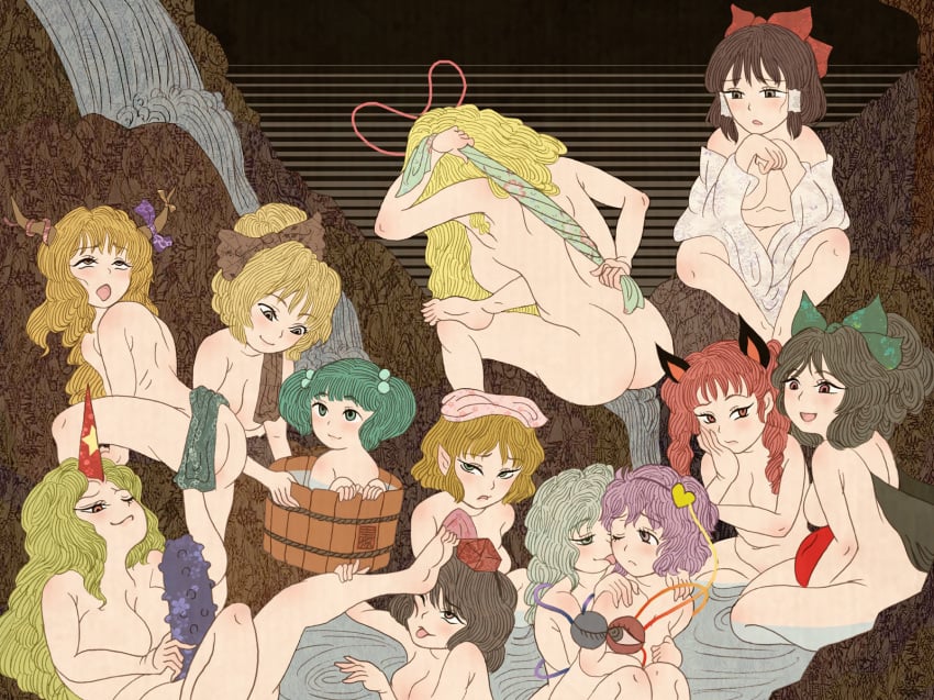 12girls 6+girls ;p ahe_gao animal_ears ass bathing black_hair blonde_hair blush bow breasts bucket cat_ears club fine_art_parody green_hair hairbow hat highres horn hoshiguma_yuugi kisume koishi_komeiji kurorichin large_breasts licking medium_breasts mizuhashi_parsee multiple_girls nihonga nude one_eye_closed onsen parody pink_hair pointy_ears red_hair reimu_hakurei rin_kaenbyou satori_komeiji shameimaru_aya shunga spiked_club style_parody suika_ibuki team_shanghai_alice third_eye tokin_hat tongue tongue_out touhou towel towel_on_head ukiyo-e utsuho_reiuji weapon wings yamame_kurodani yukari_yakumo yuri