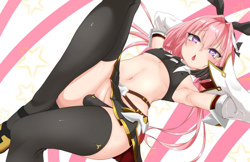 1boy animal_ears astolfo_(fate) astolfo_(saber)_(fate) bare_shoulders black_legwear blush bow bowtie bunny_ears covered_nipples detached_sleeves eyebrows_visible_through_hair fake_animal_ears fate/grand_order fate_(series) femboy flesh_fang gloves hair_between_eyes hairbow heart heart-shaped_pupils highres long_hair looking_at_viewer male_focus midriff miniskirt navel oerba_yun_fang open_mouth otoko_no_ko penis pink_hair purple_eyes skin_fang skirt solo symbol-shaped_pupils thighhighs trap twintails underwear