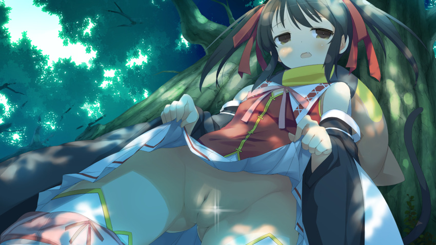 against_tree alicesoft black_hair blush censored dress dress_lift edit evenicle evenicle_(series) female flat_chest game_cg gurigura_(evenicle) legs long_hair looking_down no_panties open_mouth pussy scarf solo standing tail thighs tied_hair tree twintails yaegashi_nan yellow_eyes