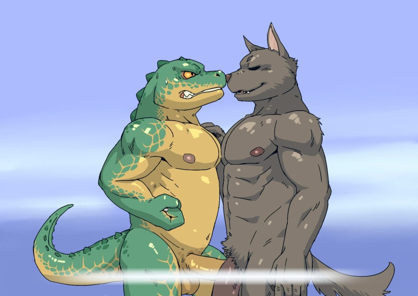 2016 anthro anubian_jackal balls better_version_at_source boop canine crocodile crocodilian duo erection fist flaccid furry jackal league_of_legends male mammal muscular nasus nipples nude penis renekton reptile riot_games scalie simple_background slugsdog yaoi