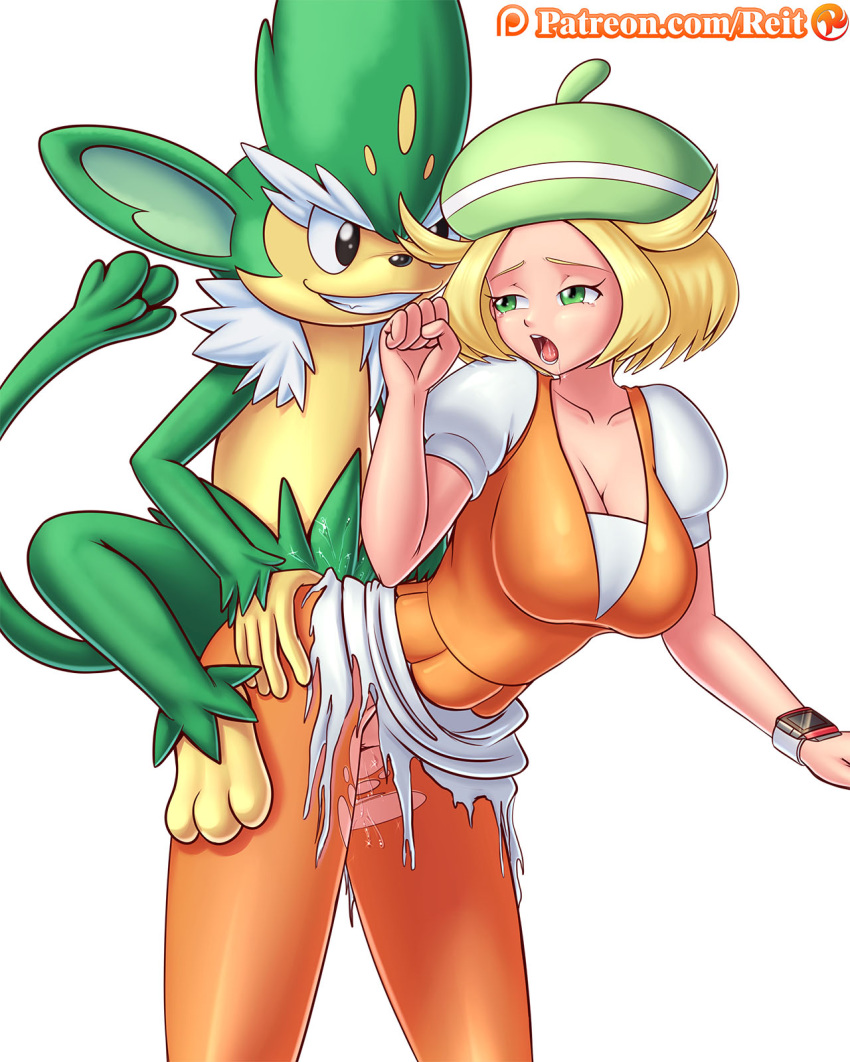 1boy 1girls ass ass_grab bianca_(pokemon) big_breasts breasts cleavage clothed_sex clothing feet female female_on_feral feral from_behind furry hat human_on_feral interspecies male monkey nintendo on_top open_mouth pantyhose patreon penetration pokemon pokemon_bw pokephilia pussy pussy_juice reit sex short_hair simisage size_difference straight tail text torn_clothes torn_pantyhose wet