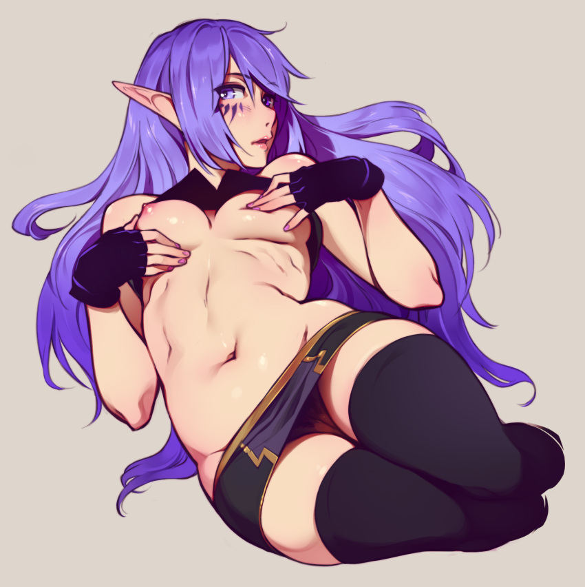 bare_shoulders black_gloves black_legwear blush borrowed_character breast_grab breasts feguimel female fingerless_gloves gloves grabbing kaleina_(ricegnat) long_hair nail_polish navel nipples no_bra open_mouth original pointy_ears purple_eyes purple_hair simple_background small_breasts solo thighhighs