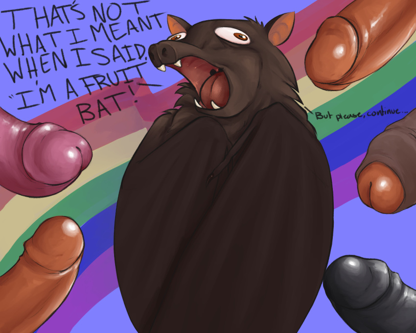 bat brown_fur claws dialogue english_text fangs feral fruit_bat fur humanoid_penis humor male mammal membranous_wings open_mouth partially_retracted_foreskin penis penis_everywhere rainbow_flag rainbow_symbol simple_background stated_homosexuality teeth text tongue uncut velrizoth wings yaoi