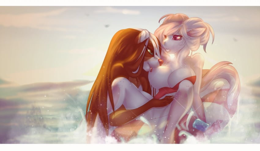 anthro big_breasts bikini breasts canine clothing duo ghostli mammal mouse nipple_suck outside pussy rodent sucking swimsuit water yuri