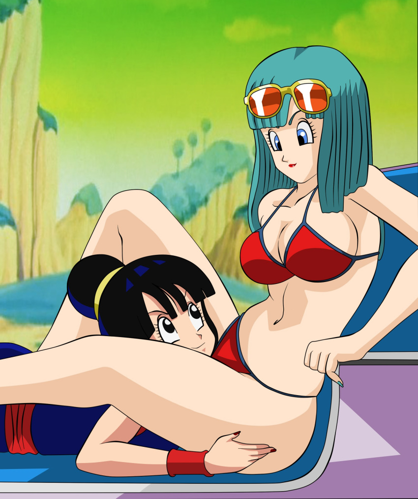 2girls aqua_hair aqua_nails arm arms art bare_arms bare_legs bare_shoulders bikini black_eyes black_hair blue_dress blue_eyes breasts bulma_briefs chair chichi cleavage closed_mouth dicasty dragon_ball dragon_ball_z dress eye_contact female female_only glasses hair_bun hourglass_figure knee_up large_breasts leg_grab legs lips lipstick long_hair looking_at_another looking_down looking_up lying makeup midriff milf multiple_girls mutual_yuri nail_polish naughty_face navel on_stomach outdoors red_bikini red_lipstick red_nails red_swimsuit red_wristband short_hair sitting sleeveless sleeveless_dress sunglasses sunglasses_on_head swimsuit voluptuous wristband yuri