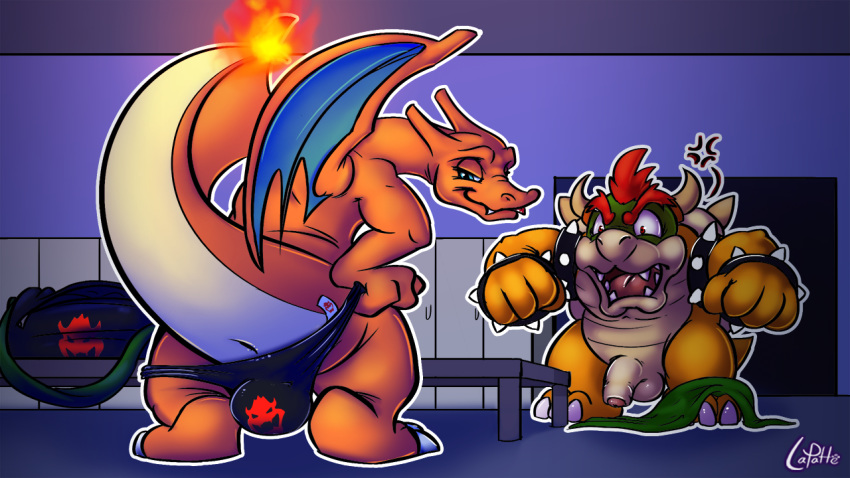 angry anus balls bowser bulge charizard crossover dragon duo flaccid foreskin furry lapatte locker_room looking_back male male_only mario_(series) nintendo paper_mario penis pokemon pokemon_(species) semi-anthro thong towel uncircumcised uncut yaoi