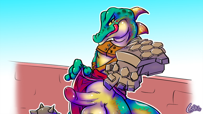1anthro 1boy anthro anthro_only armor balls circumcised clothing clothing_lift erection humanoid_penis lapatte licking_lips lizalfos lizard loincloth loincloth_lift male male_only penis reptile scalie solo testicles